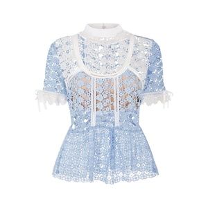 SELF-PORTRAIT Blue Petal Paneled Guipure Lace Top